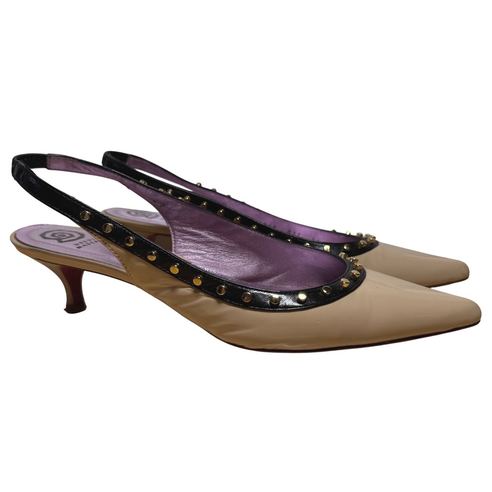 Ursula Mascaro Beige Patent Studded Slingback Kitten Heels Made in Spain Size 39